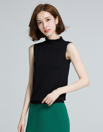 你纯羊毛衫秋冬女装半高领针织背心无袖宽松马甲套头短款毛 黑色 m