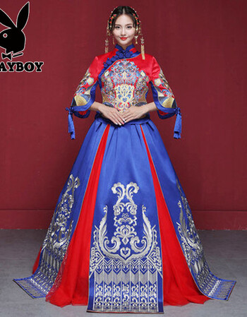 公子2018新款新娘中式新娘结婚礼服秀禾服嫁衣龙凤褂旗袍喜服 蓝色 l