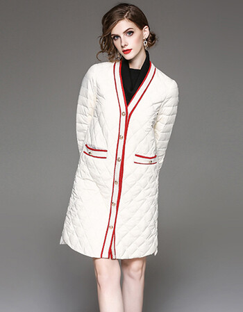 2017冬装新款气质女装欧美纯色螺纹宽松单排扣长款羽绒服 白色 s
