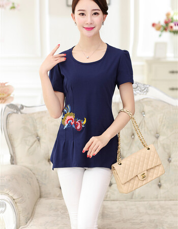 中老年新款夏装女装大码短袖衫中年女士纯棉t恤民族风刺绣全棉t恤