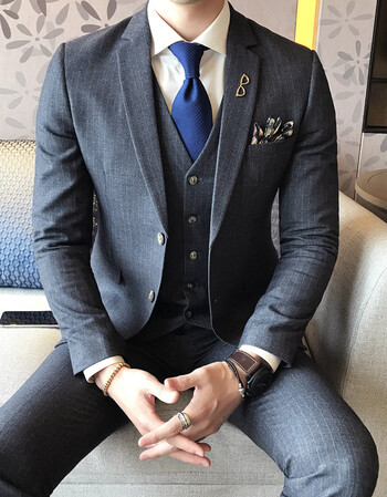 【京东好店】 新款新郎西装英伦西服暗竖条纹气质男士两扣西服绅士男