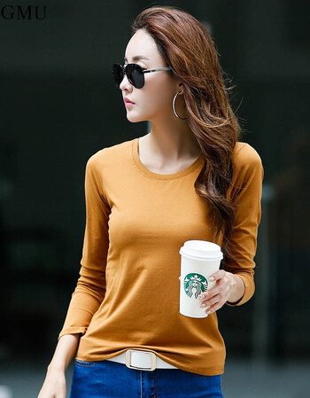 mu简约纯色打底衫修身显瘦圆领长袖t恤女秋季新款韩版百搭上衣 卡其色