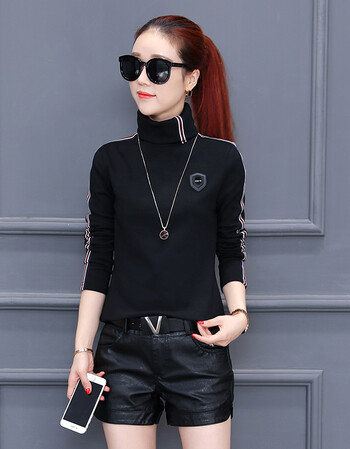 2017秋冬新款修身高领长袖t恤加厚宽松韩版纯色上衣百搭打底衫女 黑色