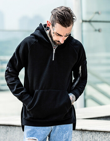 欧美街头嘻哈拉链开叉bf风假两件卫衣男冬季原宿潮牌纯色套头帽衫