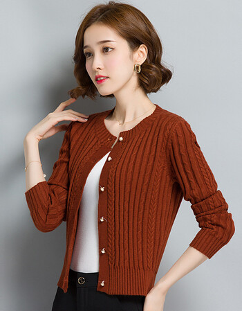 春季新款女装圆领女式针织衫开衫长袖修身外套短款搭毛衣女2018 焦糖