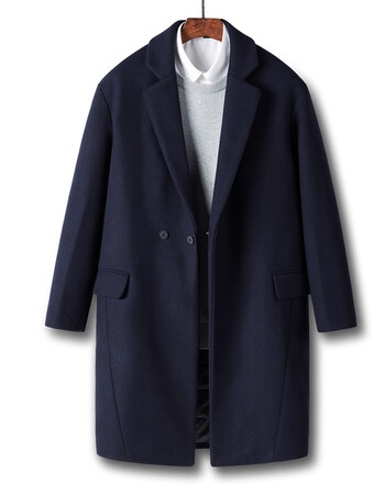 男中长款呢子大衣男冬季新款韩版宽松青年男士呢子外套大衣男 藏青色