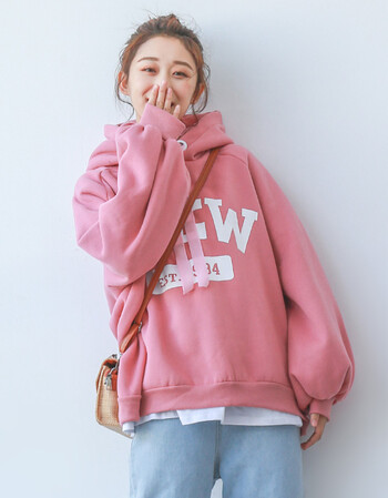 2017韩版加绒卫衣女连帽字母印花可爱学院风小清新宽松新款秋冬潮