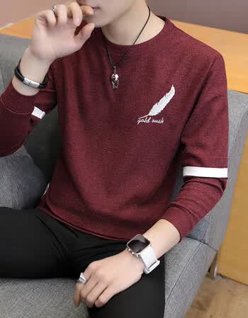 春季新款t恤男长袖韩版修身男生打底衫潮流圆领内衣体恤衫潮 酒红色