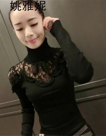 
                                        姚雅妮新款时尚韩版百搭蕾丝高领毛衣针织衫女装修身性感长袖拼接打底衫T恤 黑色 均码                