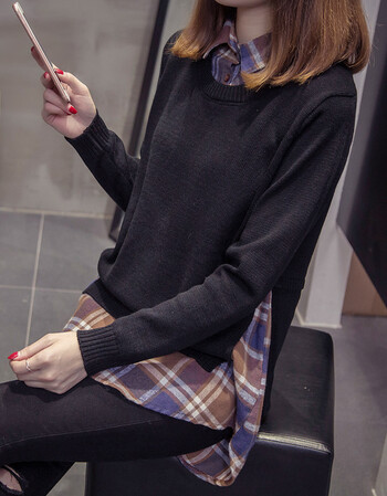 衬衫领假两件毛衣女春秋2018新款春装韩版学生百搭针织打底衫 黑色 m