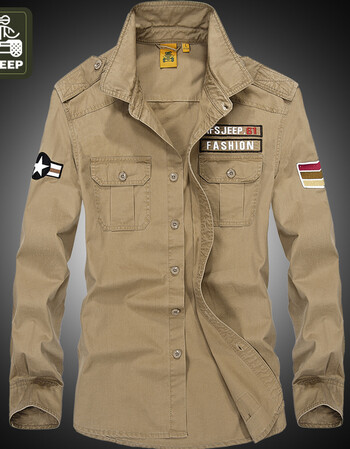 li)男士长袖衬衫春季大码宽松纯棉寸衫青年工装军旅军装衬衣 卡其色