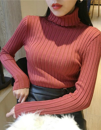 女修身毛衣显胸大上衣2018新款女装春装高领长袖套头打底针织衫 砖