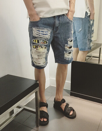 2017港仔夏季新款卡通短裤牛仔短裤男士乞丐五分裤破