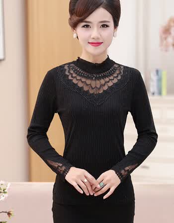 中老年女装内搭半高领加绒加厚打底衫中年妈妈秋冬装蕾丝保暖秋衣