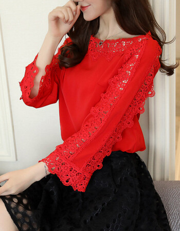 lvdgck春装打底衫女韩版长袖蕾丝镂空一字领勾花雪纺衫喇叭袖纯色上衣