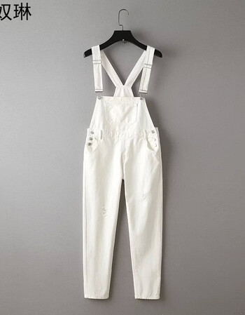 破洞2016韩版女士纽扣口袋不规则宽松牛仔九分背带裤女fz1213 白色 s