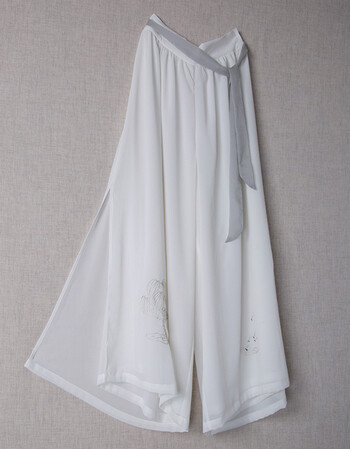 猫灵步生莲原创设计女装绣花复古汉服裤子长裤阔腿裤2018春款hf2 白色