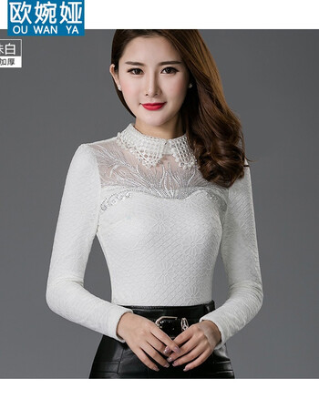 欧婉娅2018秋季长袖蕾丝打底衫修身娃娃领大码女上衣 白色 xxl