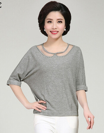 中老年女装春装打底衫宽松大码蝙蝠衫胖妈妈装时尚t恤上衣 灰色 l