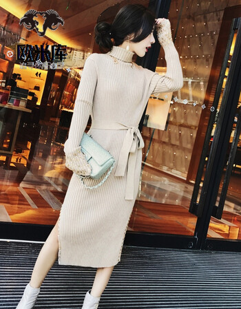 秋冬新款气质名媛韩版高领修身系带中长款针织连衣裙毛衣裙女 藕杏色