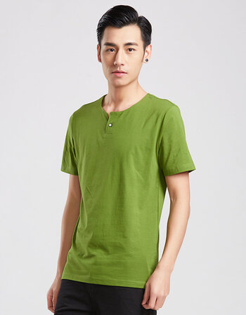 男士短袖t恤 男夏季色v领体恤男装修身半袖棉上衣服 绿色 175/xl