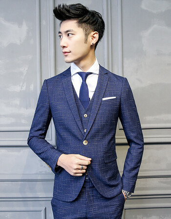 休闲正装韩版西服婚礼夏季伴郎新郎结婚礼服潮 蓝色(西服 马甲 西裤)