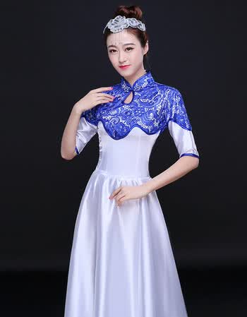 古莱登新款民族大合唱长裙民乐二胡古筝演奏舞台服古典合唱团演出服装