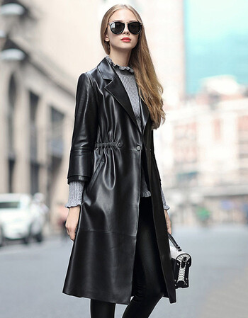 2017简约皮衣女士中长款2017新款欧美时尚绵羊皮风衣外套 黑色 l