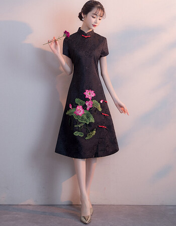 黑色旗袍2018新款夏季改良版a字裙少女中国风连衣裙民族风中长款 黑色