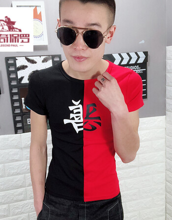 同款夏季快手红人短袖t恤男女青年修身情侣半袖社会精神小伙 黑红9052