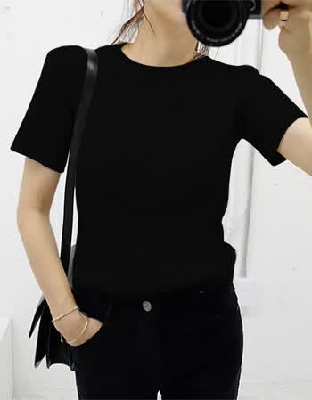 针织短袖女2018新款韩版夏季冰丝上衣圆领t恤女套头修身打底衫薄 黑色