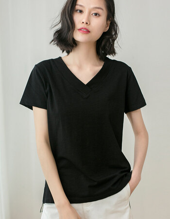 依苼美 2018夏装新款简约大码纯色上衣服半袖v领棉短袖t恤女 黑色 3xl