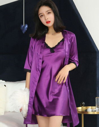 睡衣女夏感睡裙女夏睡袍两件套大码家居服短袖套装蕾丝春秋 206紫色 m
