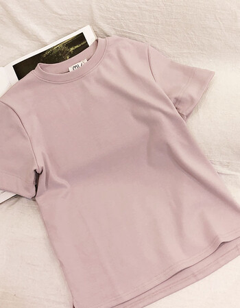 恤女夏 韩版修身百搭前短后长开叉基础款打底衫纯色短款上衣 浅藕色