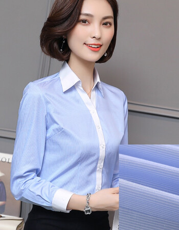 浅色服饰秋冬季白衬衫长袖职业v领修身工作服斜纹正装大码ol工装棉女