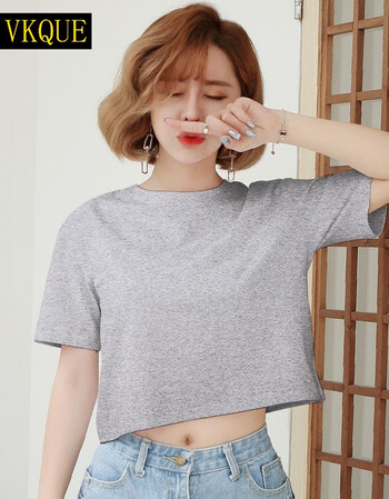 vkque 露脐上衣白色短款t恤女短袖宽松韩版纯色学生高腰漏肚脐圆领