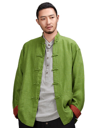 唐装男装中国风春秋长袖短外套中式麻上衣休闲复古盘扣改良汉服 21#绿