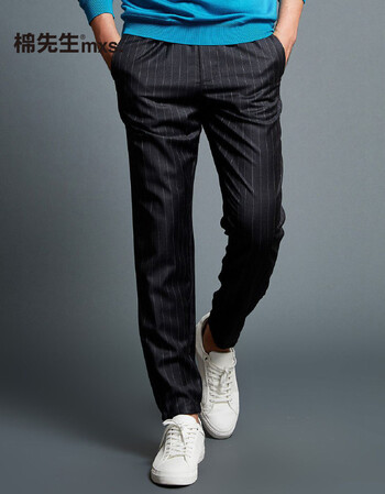 棉先生 哔叽毛呢休闲裤 灰白条 xl