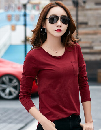 大码上衣2018春秋新款圆领纯棉t恤潮宽松百搭长袖女装打底衫 枣红色