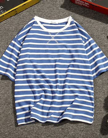 访天2018短袖t恤男夏季男士条纹短袖韩版潮体恤新款情侣 蓝色 2xl