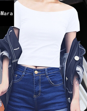 纯色体恤漏肚脐超短款黑色t恤紧身高腰上衣sn2299 一字领露脐短袖白色