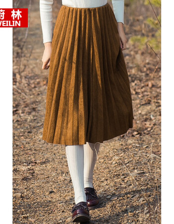 蔚林2018文艺小清新甜美气质复古风百褶半身裙长裙 浅棕色 均码