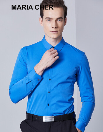 cher轻奢衬衫长袖尖领男士修身2018春夏季新品英伦青年简约四季蓝色