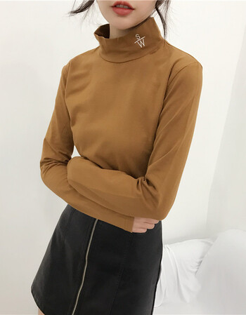 春款上衣女2018新款韩版刺绣百搭半高领长袖t恤女潮 浅棕色 xl