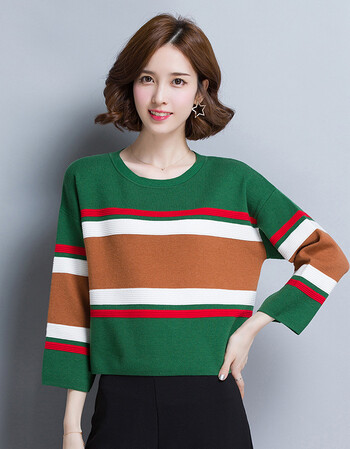 隐田2018春季新款短款圆领女士条纹针织衫简约时尚个性长袖毛衣打底衫