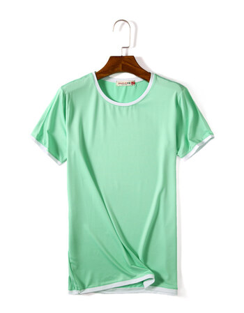 短袖t恤男士修身夏季学生韩版潮流纯色圆领大码假两件半袖打底衫 青色