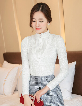 2018蕾丝衫女秋装新款女装大码立领修身显瘦长袖打底衫雪纺衫 白色 m