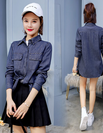 觅号女装牛仔衬衫长袖女装2018春秋季新款韩版修身上衣服宽松休闲bf风