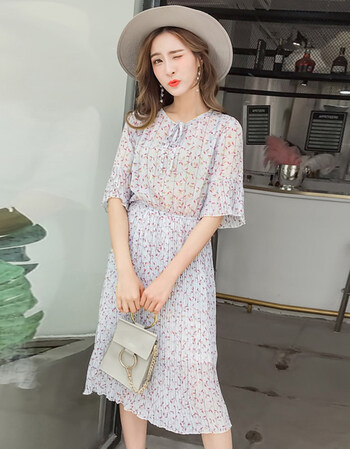 2018新款韩版修身显瘦小清新chic雪纺碎花连衣裙中长款花裙子女夏 浅