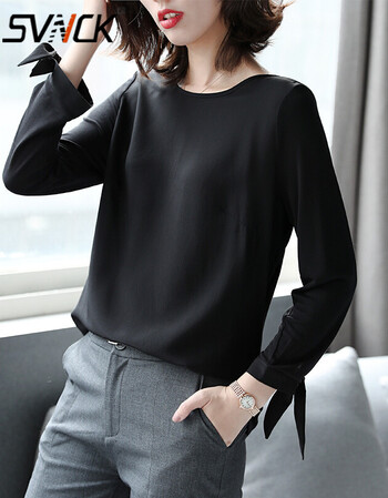 svnck时尚品牌针织拼接真丝黑色长袖t恤女简约打底衫春款上衣女2018